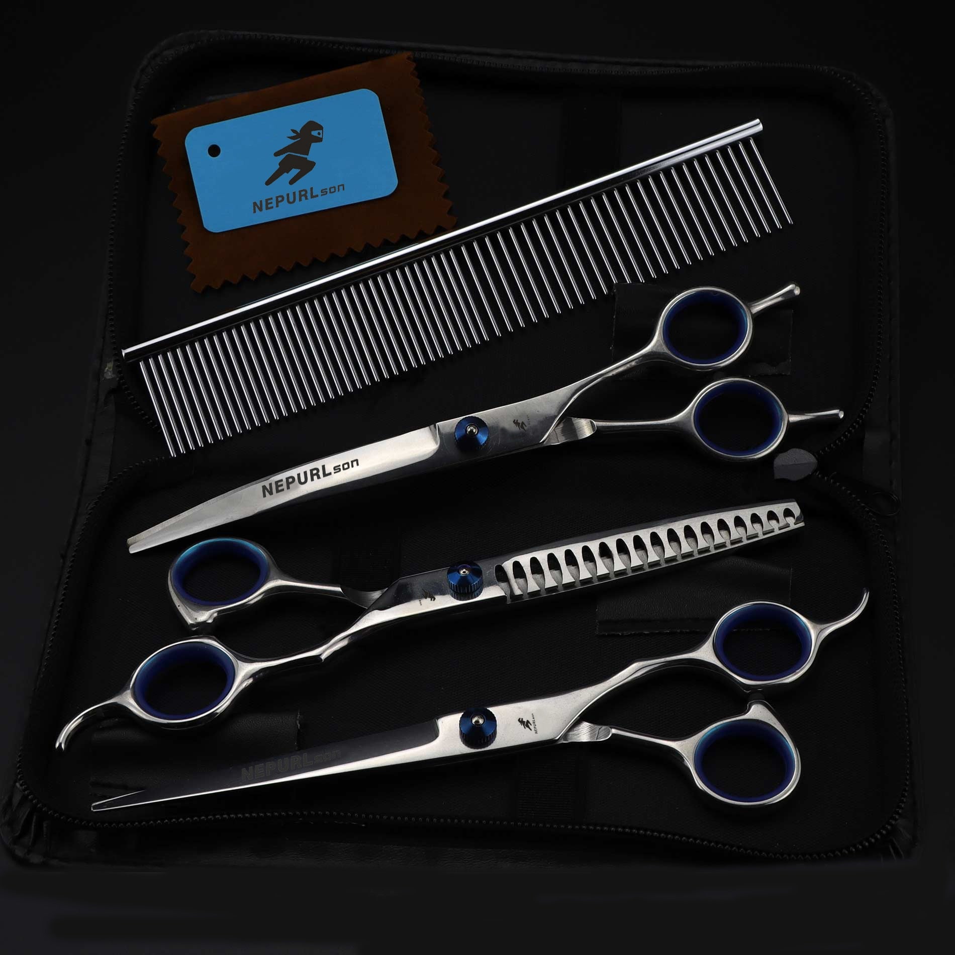 7.0inch Blue Pet Grooming Scissors Set Straight Cut Teeth Cut Fish Bone Scissors