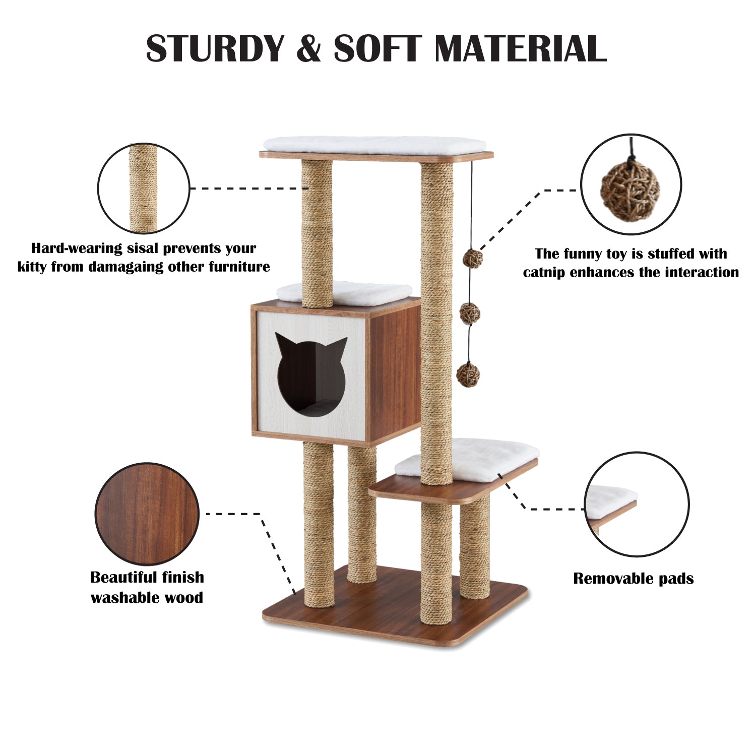 Big Up Pet Shop Elegant Wooden Modern Cat Tree Cat Condo Multi-Level Towers Cat Activity Tower with Scratching Posts, with Removable and Washable Mats (High Tower)